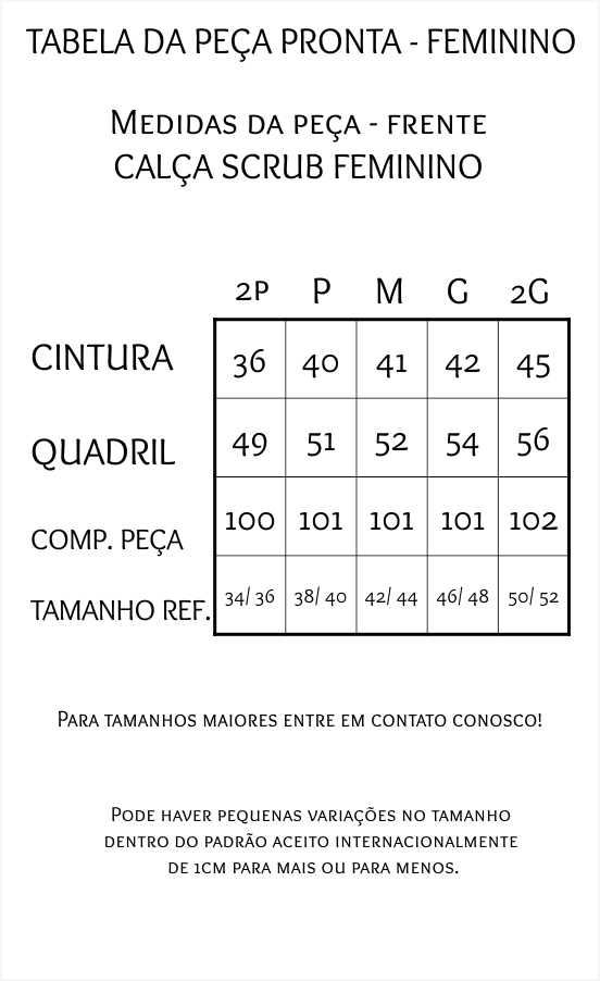 tabela de medidas blusa calca feminina