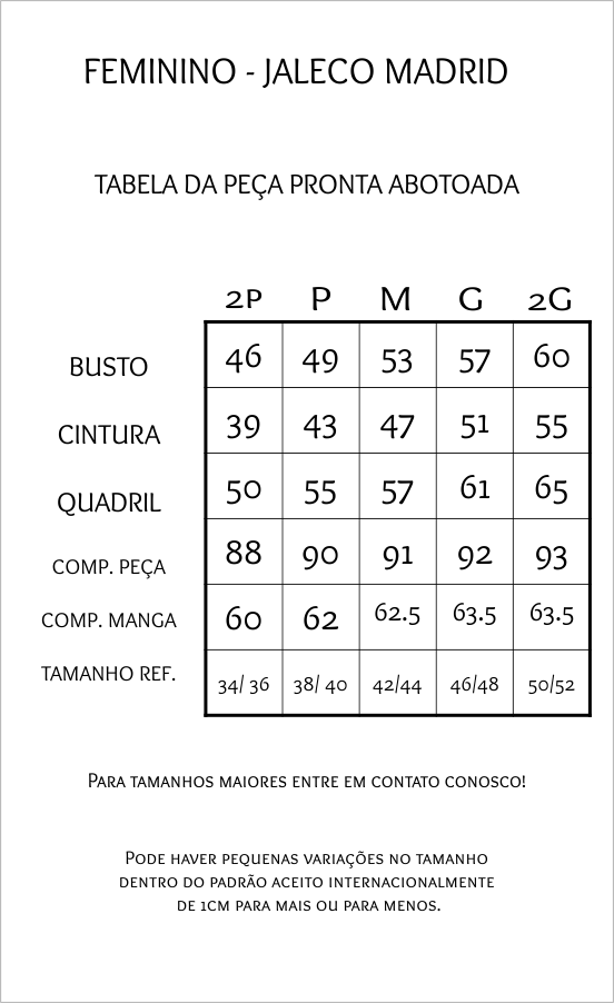Tabela de Medidas Madrid