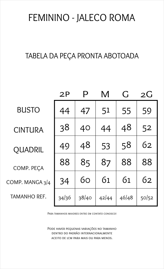 Tabela de Medidas Roma