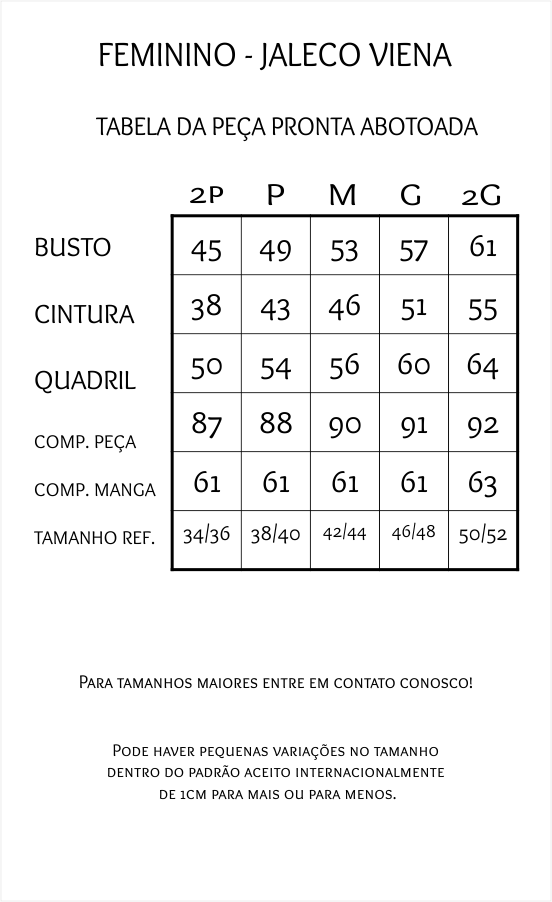 Tabela de Medidas Viena